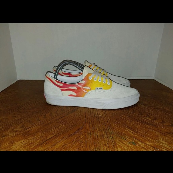 Vans Men's Era Flames True White Orange White Canvas Suede shoes size 9 - Picture 3 of 10